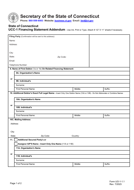 Form UCC-1AD (UO-1-1.1) Financing Statement Addendum - Connecticut