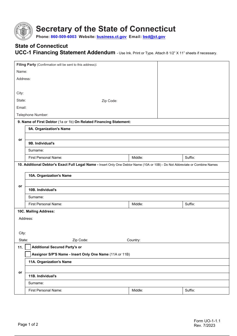 Form UCC-1AD (UO-1-1.1) Financing Statement Addendum - Connecticut, Page 1