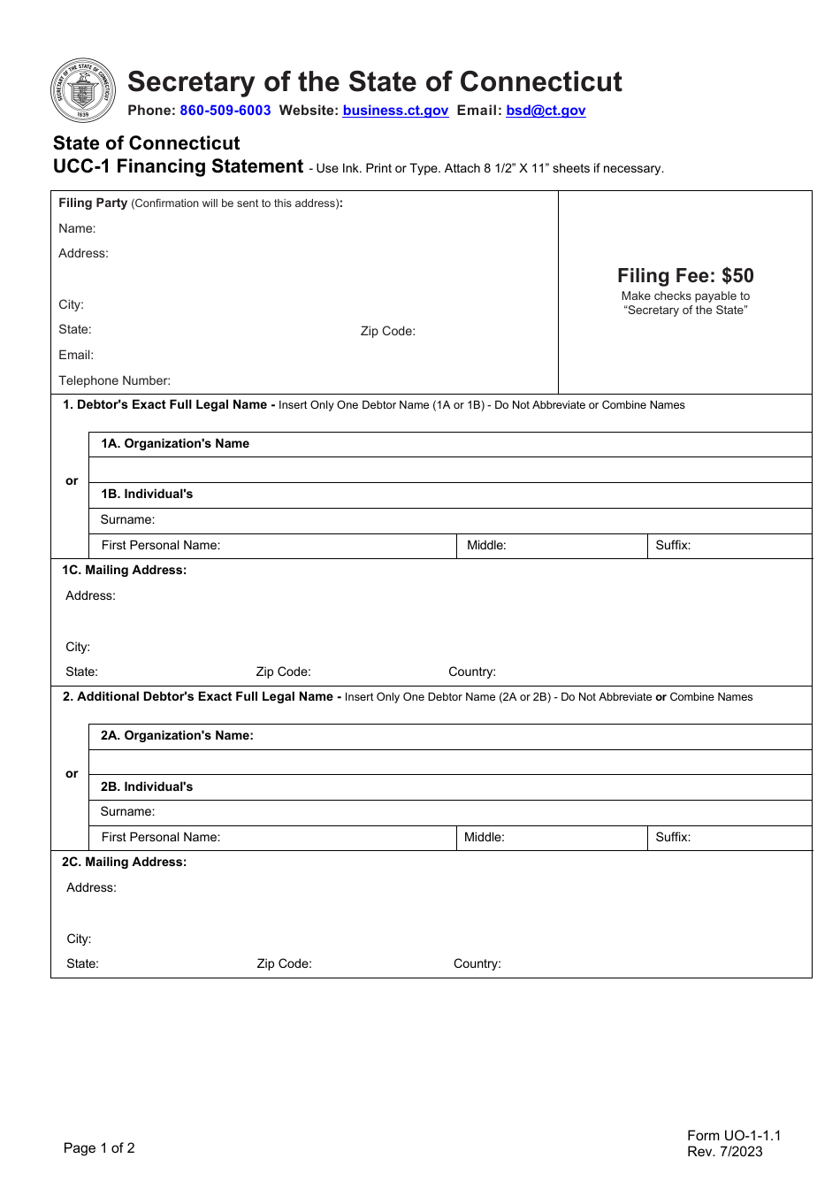 Form UCC-1 (UO-1.1.1) Financing Statement - Connecticut, Page 1