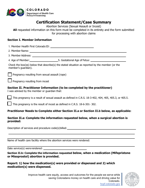 Certification Statement / Case Summary - Abortion Services (Sexual Assault or Incest) - Colorado Download Pdf