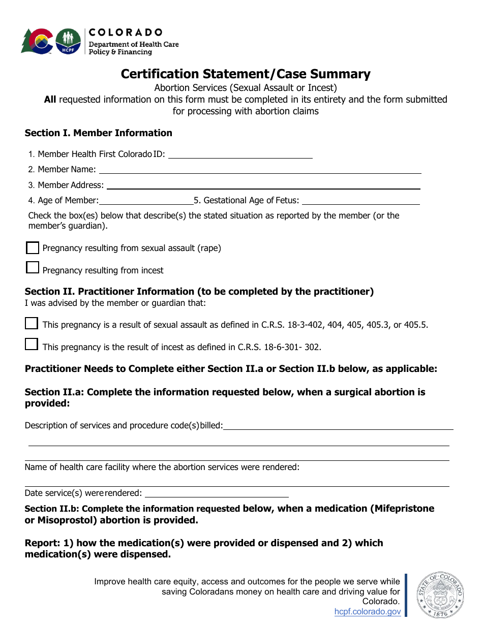 Colorado Certification Statement/Case Summary Abortion Services