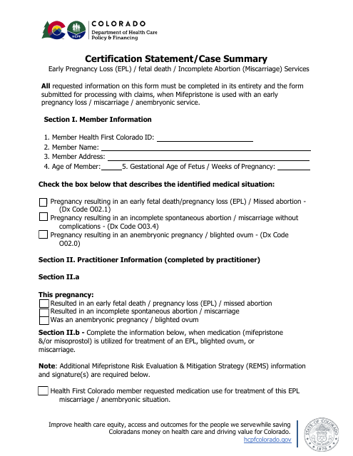 Certification Statement / Case Summary - Early Pregnancy Loss (Epl) / Fetal Death / Incomplete Abortion (Miscarriage) Services - Colorado Download Pdf