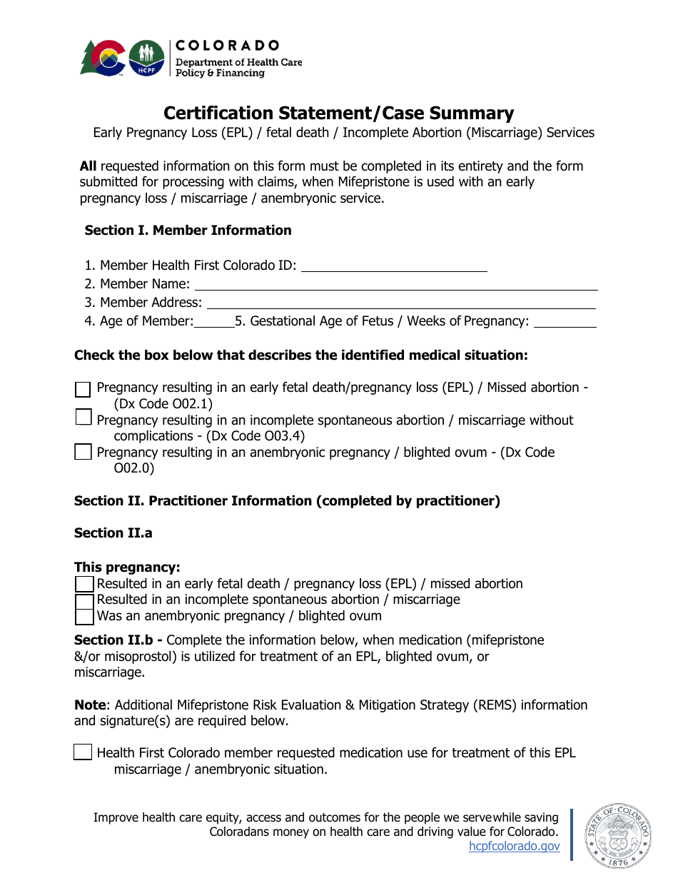 Certification Statement / Case Summary - Early Pregnancy Loss (Epl) / Fetal Death / Incomplete Abortion (Miscarriage) Services - Colorado, Page 1