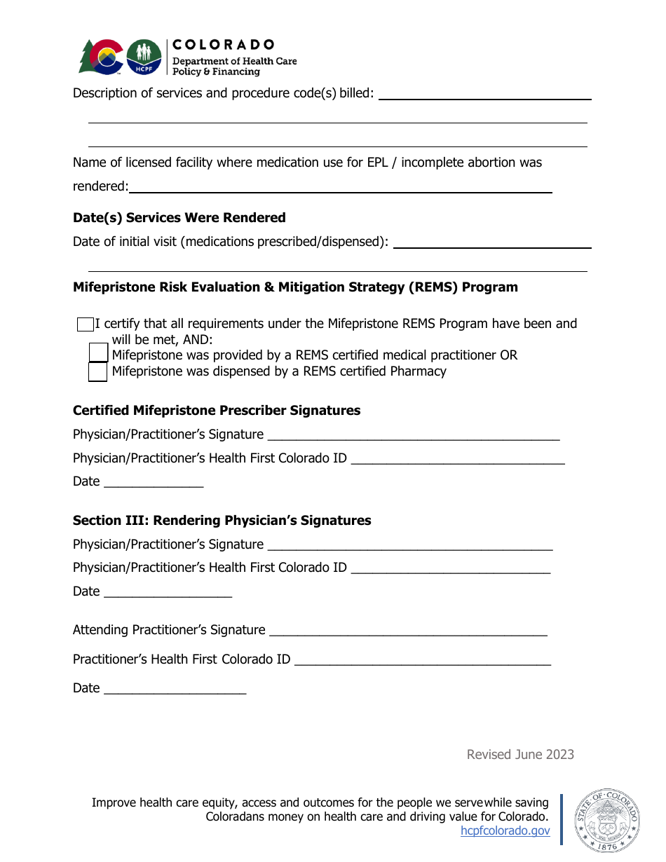 Certification Statement / Case Summary - Early Pregnancy Loss (Epl) / Fetal Death / Incomplete Abortion (Miscarriage) Services - Colorado, Page 2