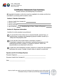 Document preview: Certification Statement/Case Summary - Abortion Services (Life Endangering Circumstances) - Colorado