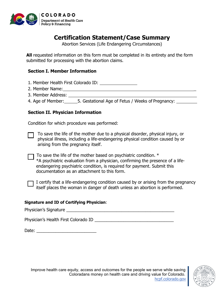 Colorado Certification Statement/Case Summary Abortion Services (Life