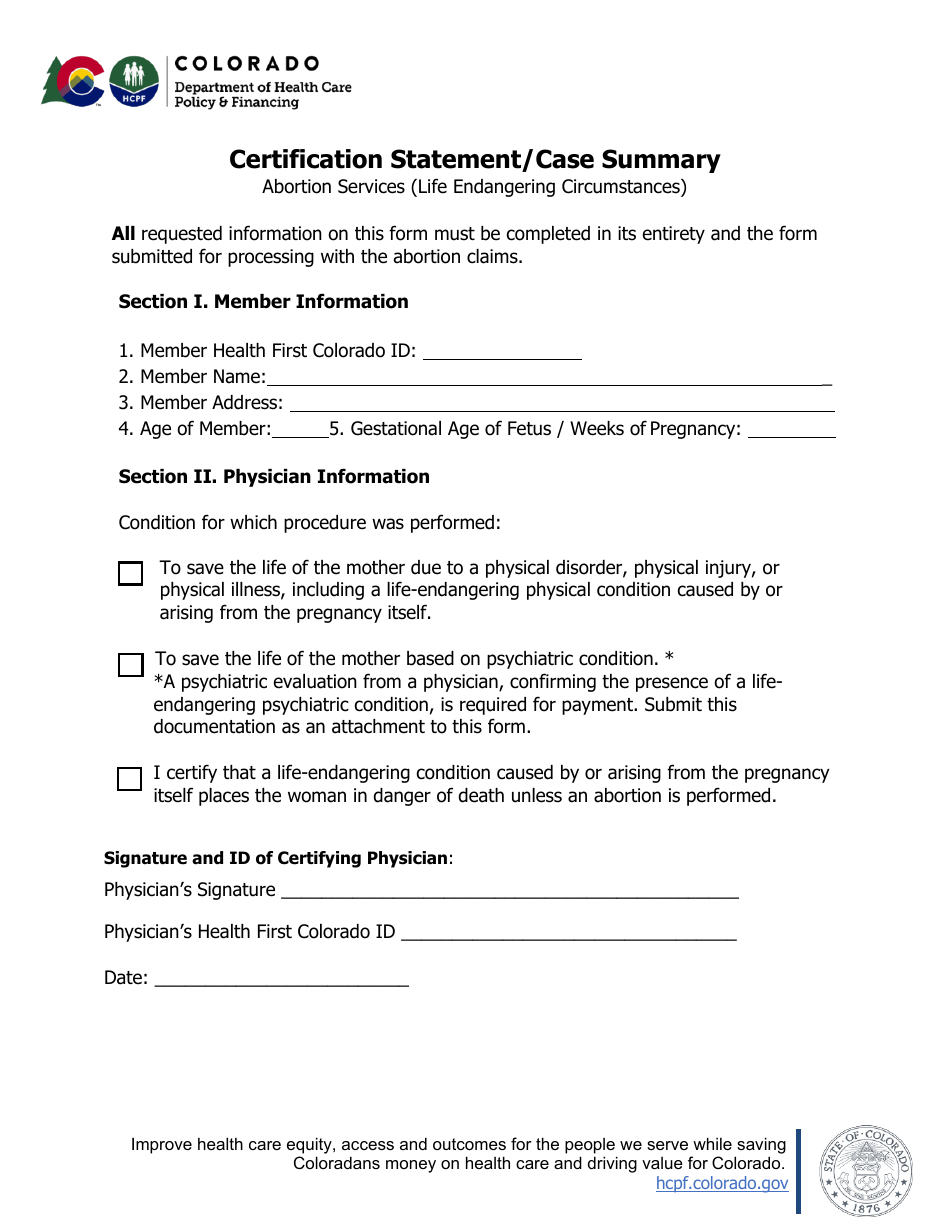 Certification Statement / Case Summary - Abortion Services (Life Endangering Circumstances) - Colorado, Page 1