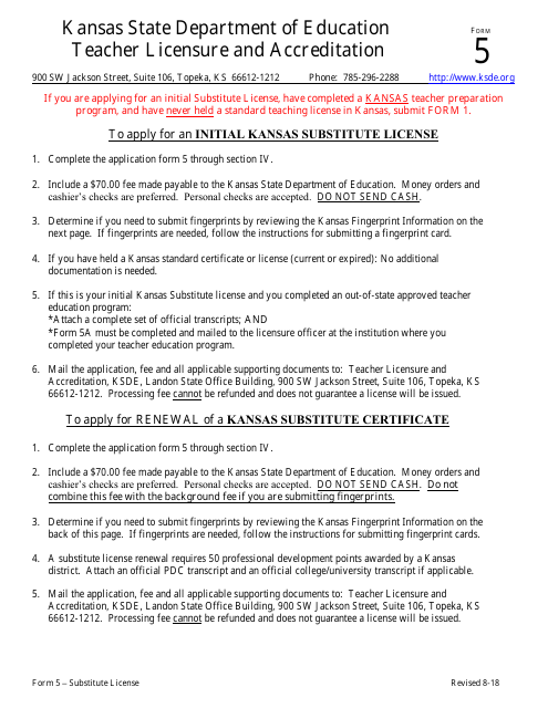 Form 5 Application for Kansas Substitute License - Kansas