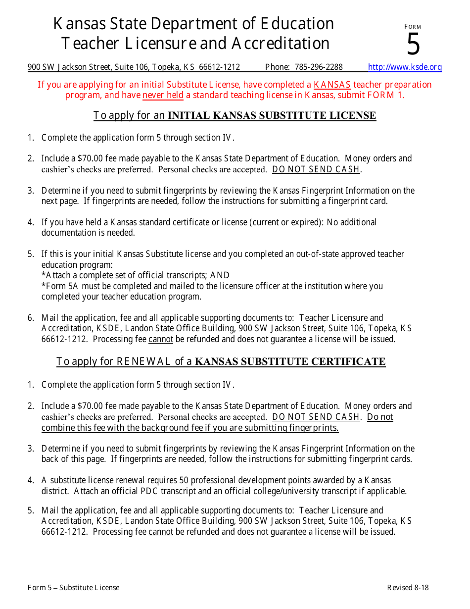Form 5 Application for Kansas Substitute License - Kansas, Page 1