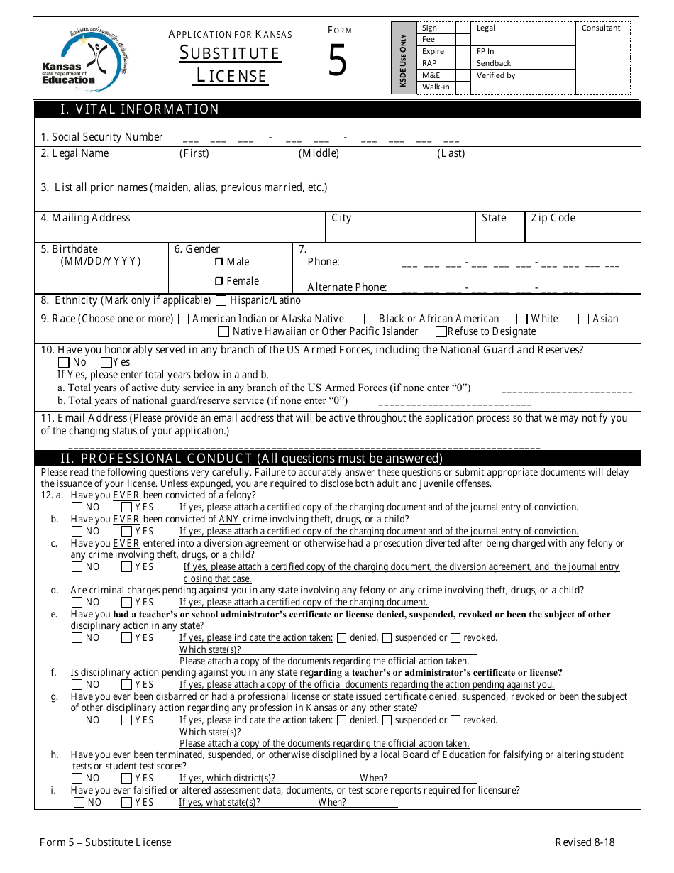 Form 5 Application for Kansas Substitute License - Kansas, Page 3