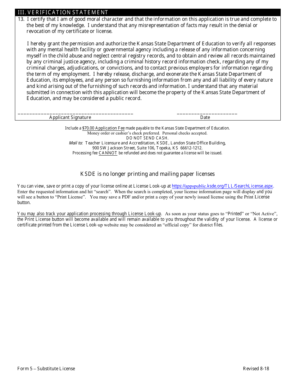 Form 5 Application for Kansas Substitute License - Kansas, Page 4