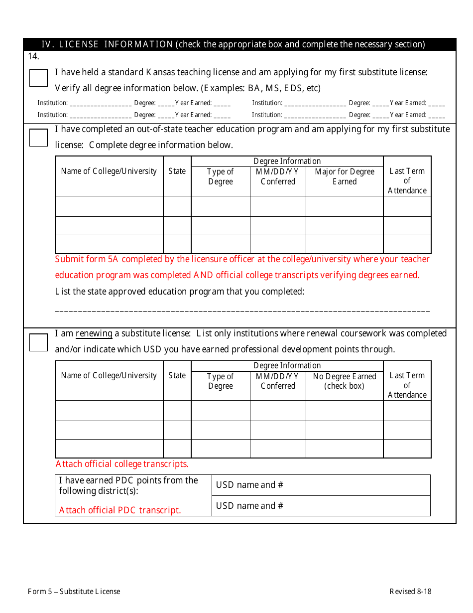 Form 5 Application for Kansas Substitute License - Kansas, Page 5
