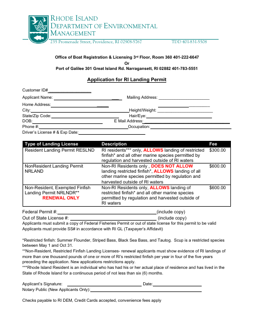 Application for Ri Landing Permit - Rhode Island