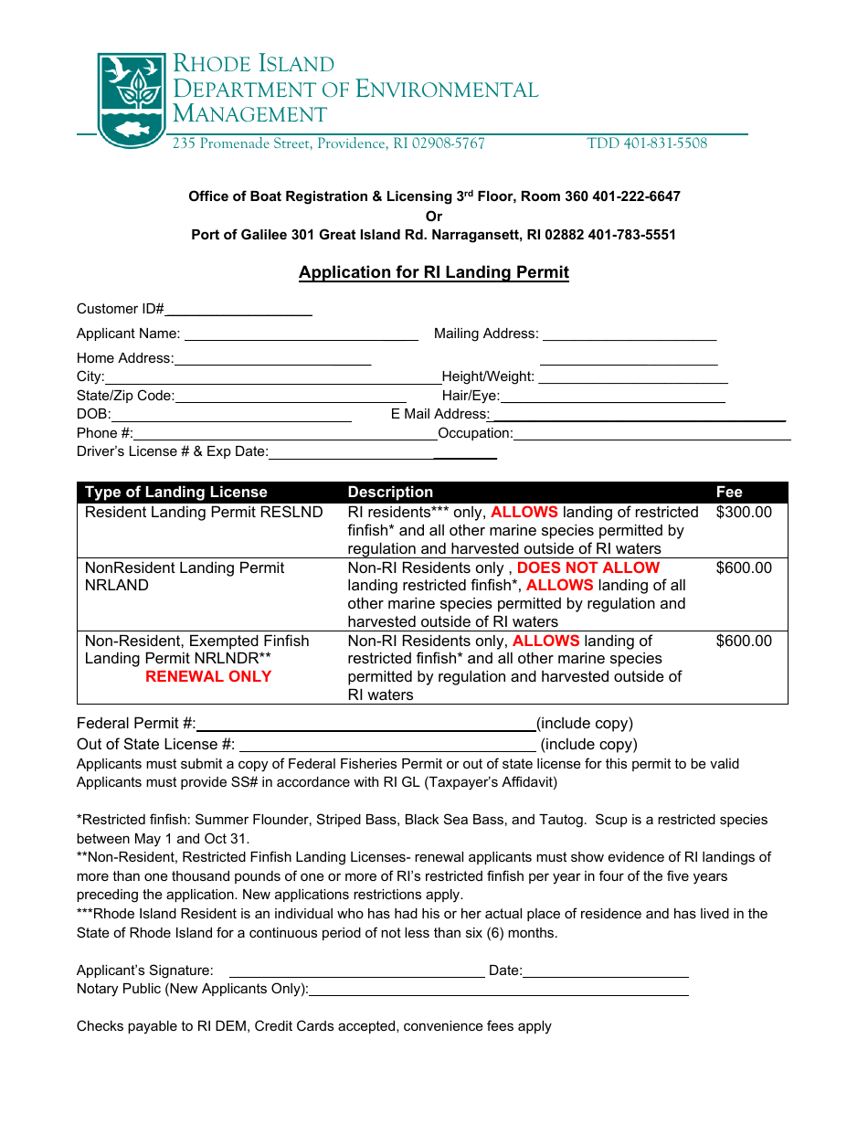 Application for Ri Landing Permit - Rhode Island, Page 1