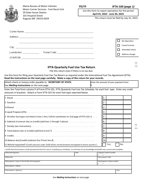 Form IFTA-100 Ifta Quarterly Fuel Use Tax Return - 2nd Quarter - Maine, 2023