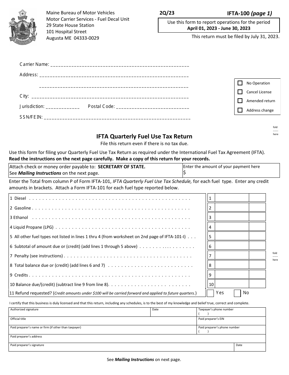 Form IFTA-100 Ifta Quarterly Fuel Use Tax Return - 2nd Quarter - Maine, Page 1