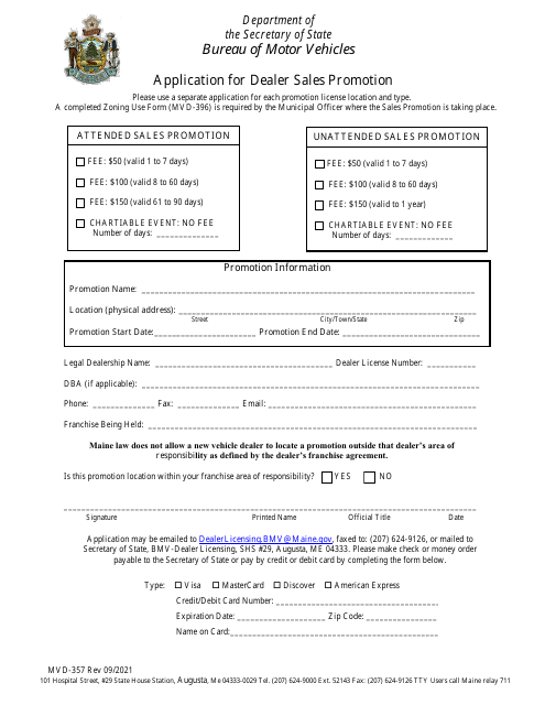 Form MVD-357 Application for Dealer Sales Promotion - Maine