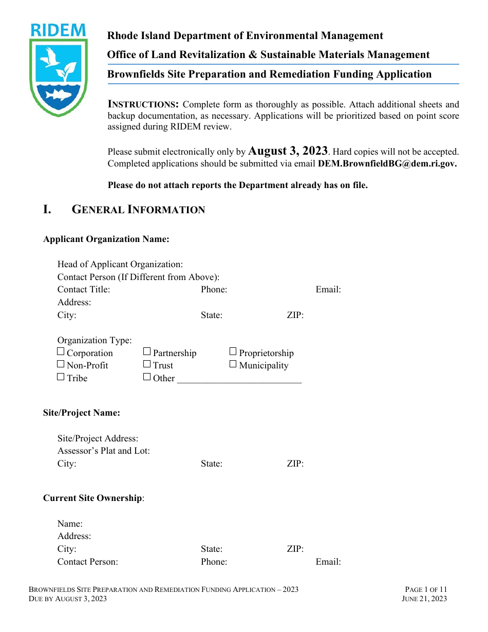 Brownfields Site Preparation and Remediation Funding Application - Rhode Island, Page 1