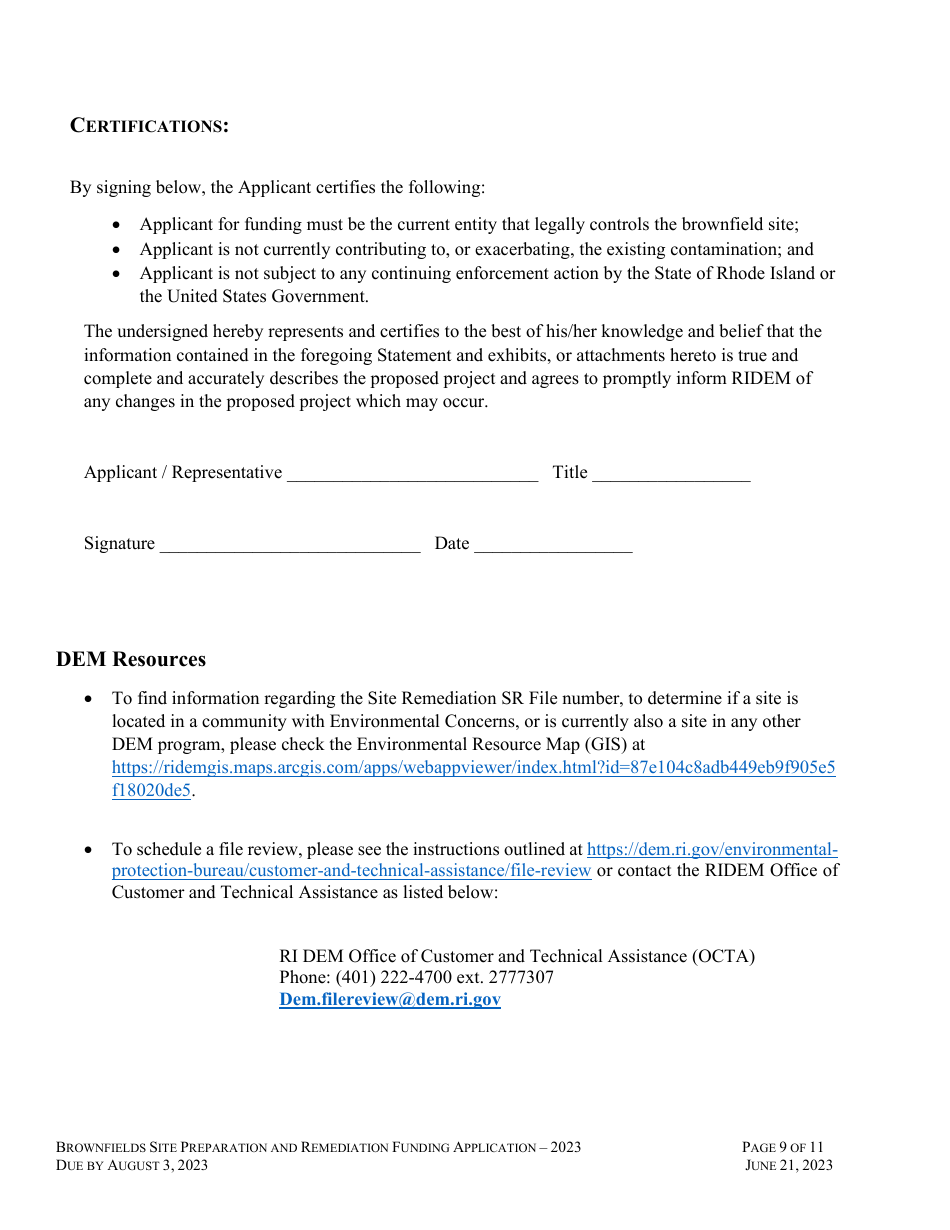 Brownfields Site Preparation and Remediation Funding Application - Rhode Island, Page 9