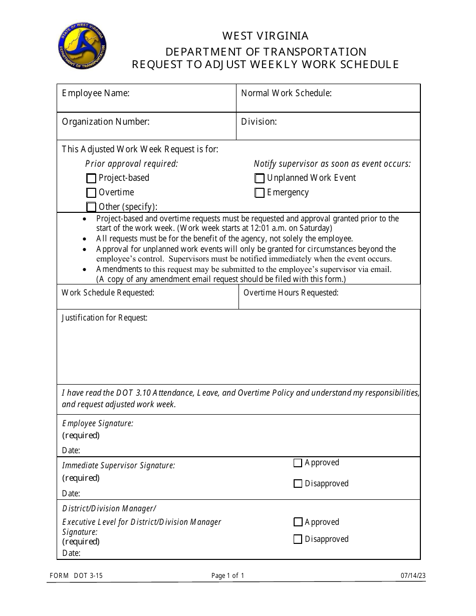 Form DOT3-15 Request to Adjust Weekly Work Schedule - West Virginia, Page 1