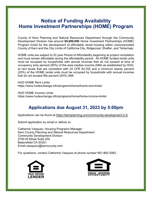 Notice of Funding Availability - Home Investment Partnerships (Home) Program - County of Kern, California, 2023