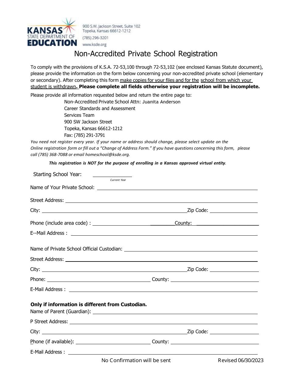 Non-accredited Private School Registration - Kansas, Page 1
