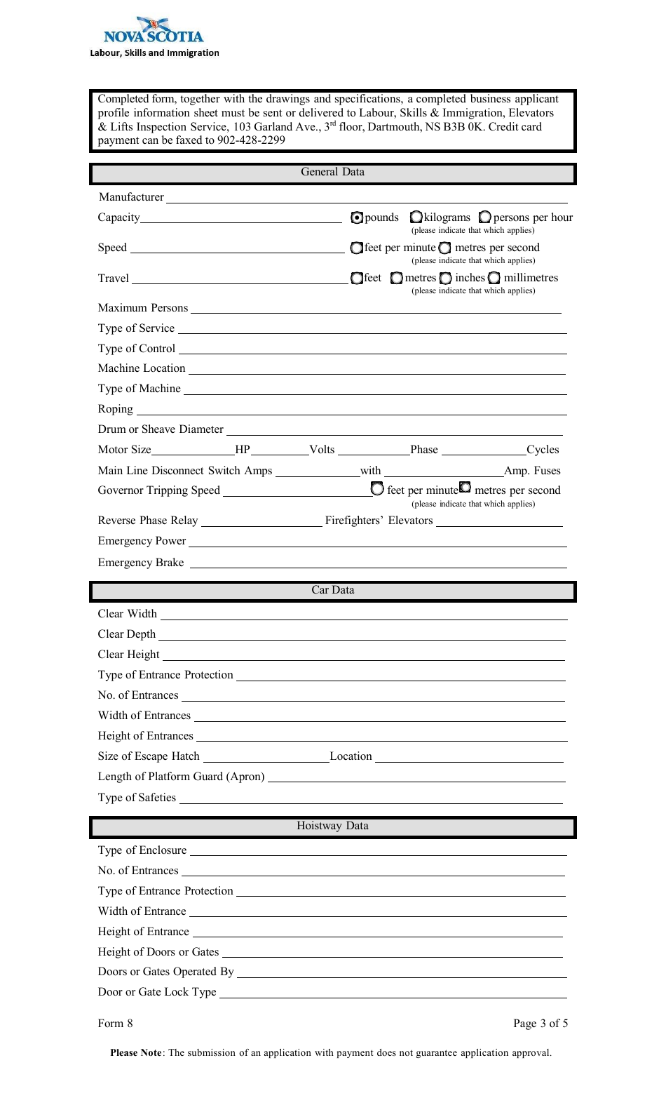 Form 8 Submission of Drawings and Specifications for Registration Elevators and Lifts Act - Nova Scotia, Canada, Page 3