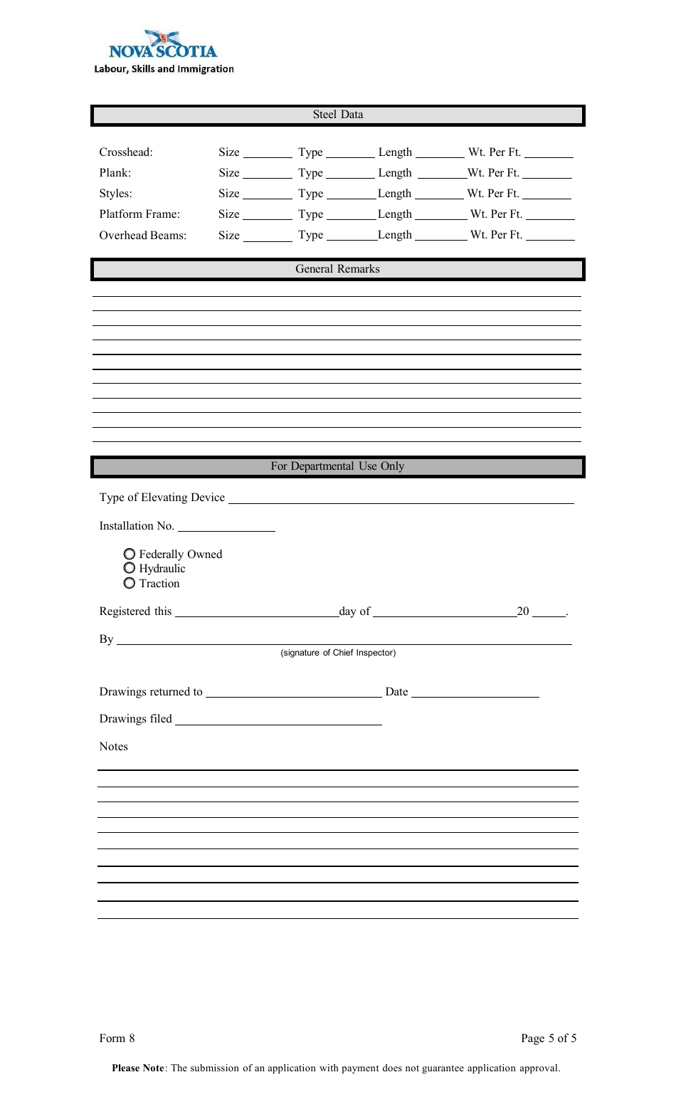 Form 8 Submission of Drawings and Specifications for Registration Elevators and Lifts Act - Nova Scotia, Canada, Page 5
