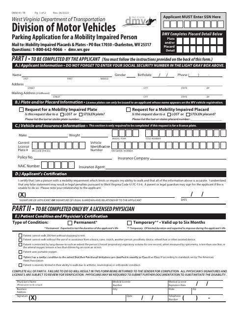 Form DMV-41-TR Parking Application for a Mobility Impaired Person - West Virginia