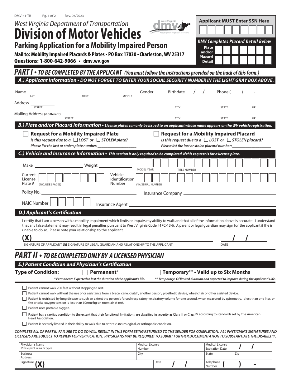 Form DMV41TR Download Fillable PDF or Fill Online Parking Application