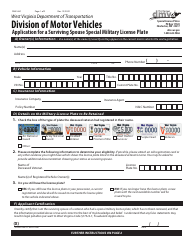 Document preview: Form DMV-48F Application for a Surviving Spouse Special Military License Plate - West Virginia