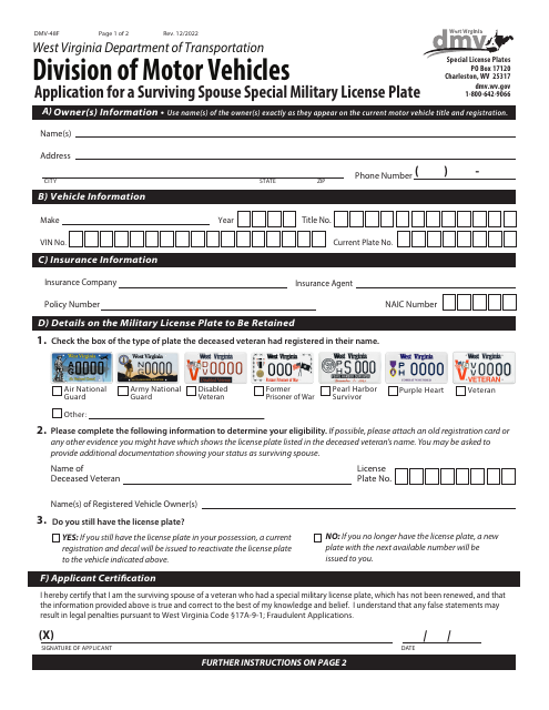 Form DMV-48F Application for a Surviving Spouse Special Military License Plate - West Virginia