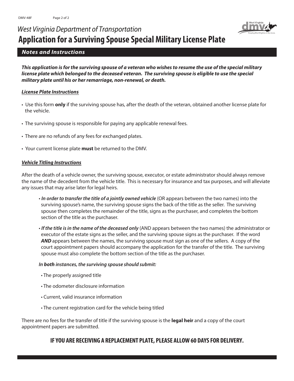 Form DMV-48F Application for a Surviving Spouse Special Military License Plate - West Virginia, Page 2