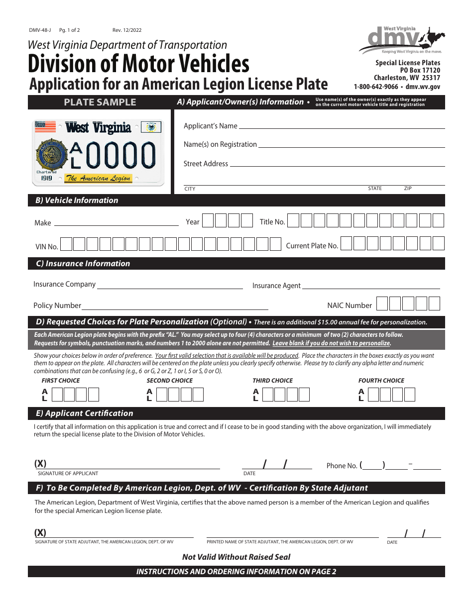 Form DMV-48-J Application for an American Legion License Plate - West Virginia, Page 1