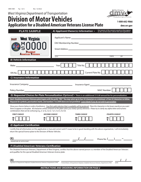 Form DMV-48H Application for a Disabled American Veterans License Plate - West Virginia