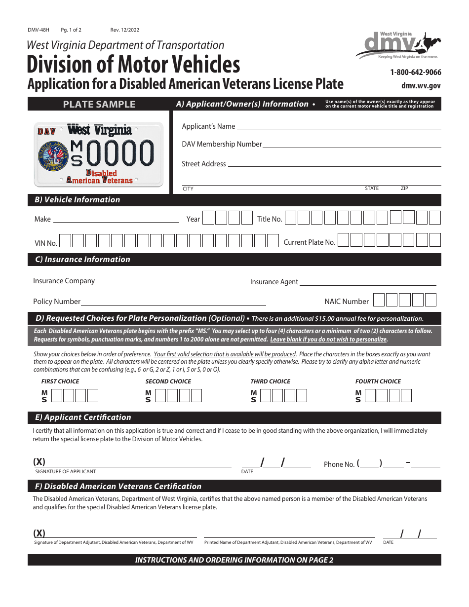 Form DMV-48H Application for a Disabled American Veterans License Plate - West Virginia, Page 1