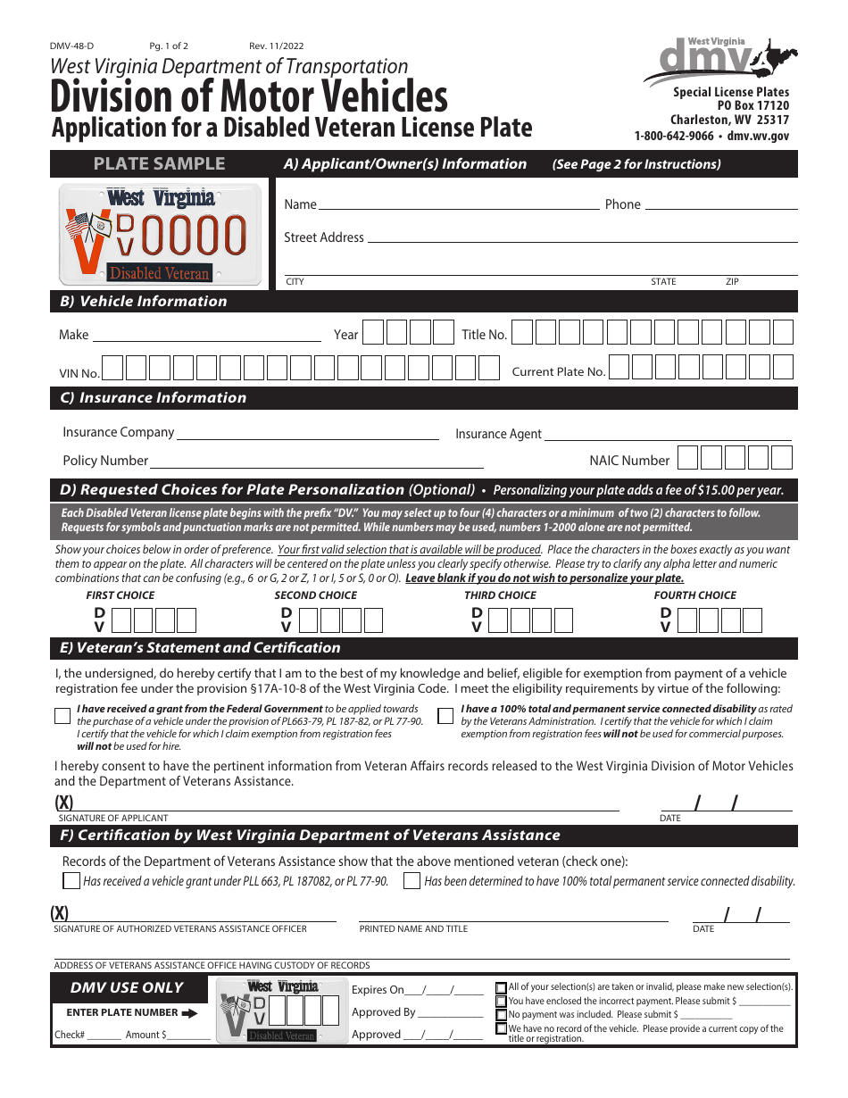 Form DMV-48-D Application for a Disabled Veteran License Plate - West Virginia, Page 1