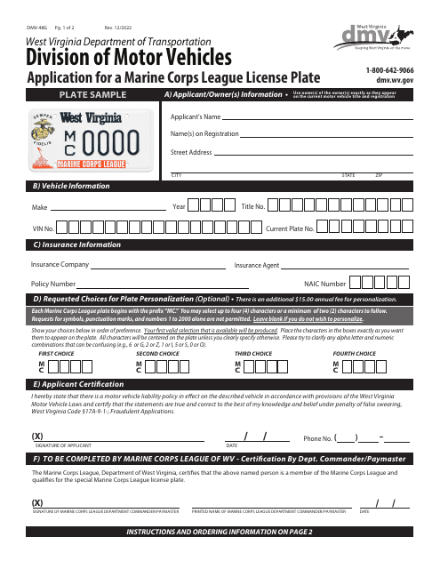 Form DMV-48G Application for a Marine Corps League License Plate - West Virginia