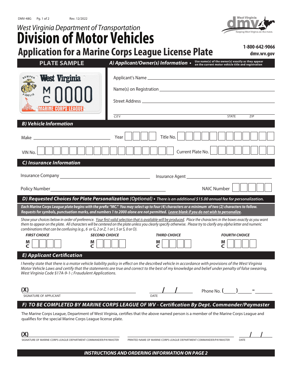 Form DMV-48G Application for a Marine Corps League License Plate - West Virginia, Page 1