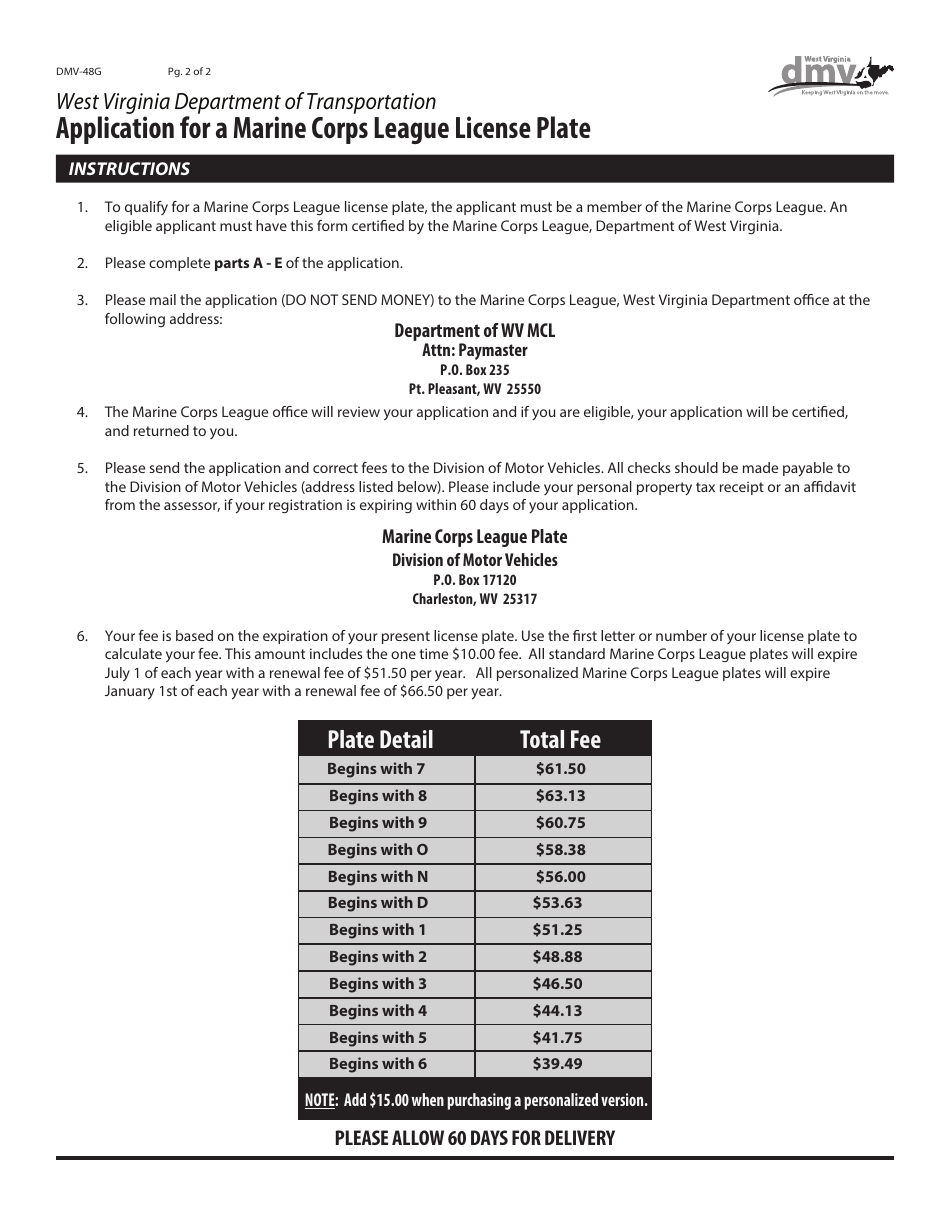 Form DMV-48G Application for a Marine Corps League License Plate - West Virginia, Page 2