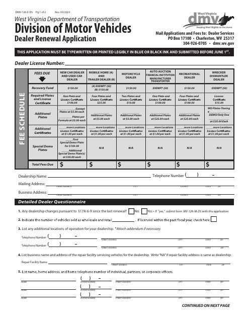 Form DMV-126-E-DS Dealer Renewal Application - West Virginia