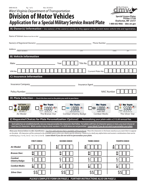 Form DMV-48-SA Application for a Special Military Service Award Plate - West Virginia