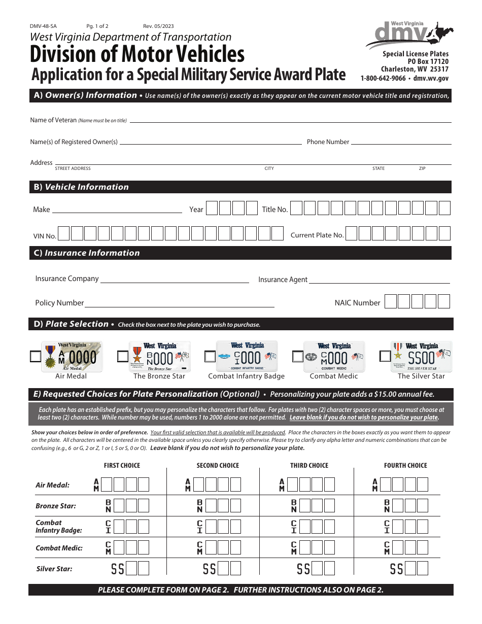 Form DMV-48-SA Application for a Special Military Service Award Plate - West Virginia, Page 1