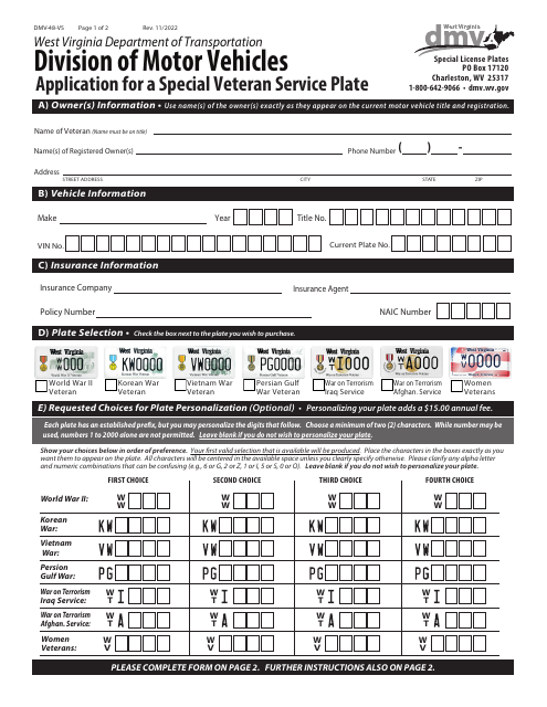 Form DMV-48-VS Application for a Special Veteran Service Plate - West Virginia