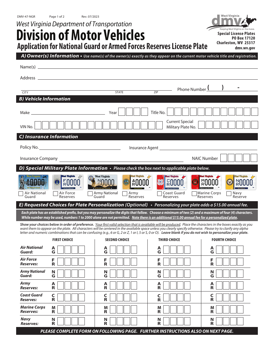 Form DMV-47-NGR Application for National Guard or Armed Forces Reserves License Plate - West Virginia, Page 1