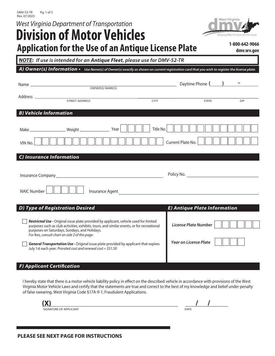 Form Dmv 53 Tr Download Fillable Pdf Or Fill Online Application For The Use Of An Antique