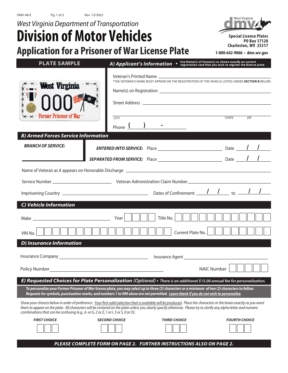 Form DMV-48-E Application for a Prisoner of War License Plate - West Virginia, Page 1