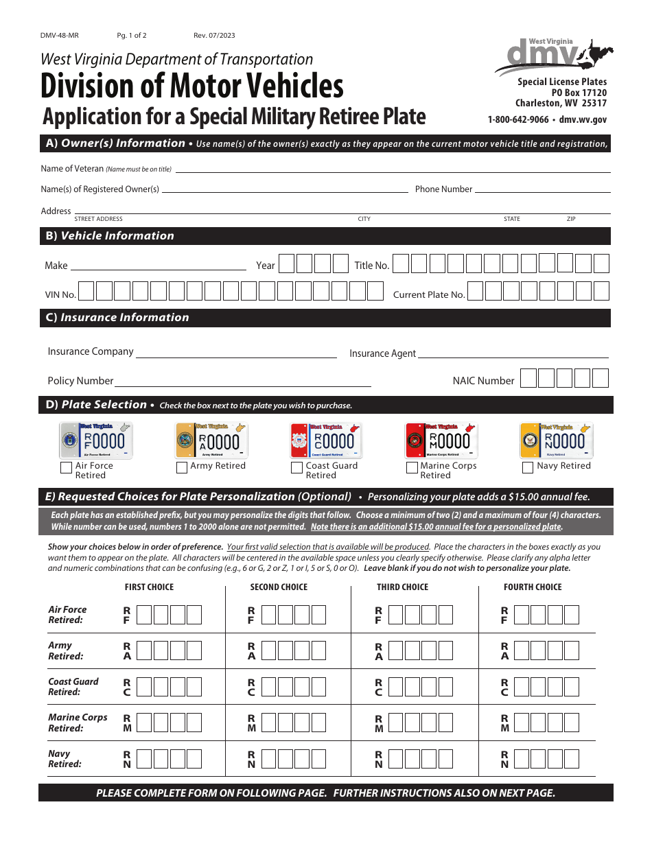Form DMV-48-MR Application for a Special Military Retiree Plate - West Virginia, Page 1