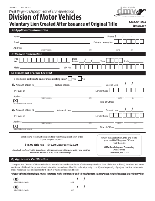 Form DMV-84-A Voluntary Lien Created After Issuance of Original Title - West Virginia