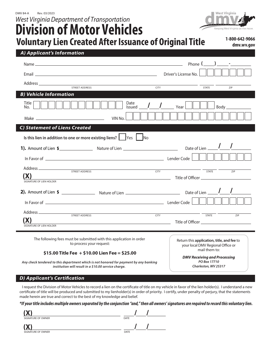 Form DMV-84-A Voluntary Lien Created After Issuance of Original Title - West Virginia, Page 1